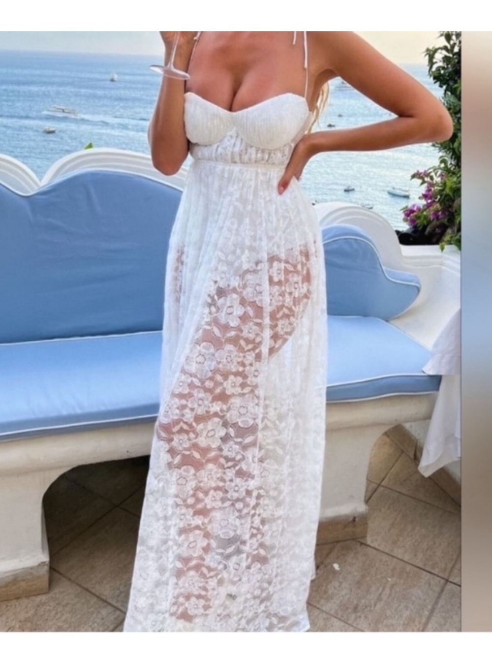 For Love & Lemons White Sheer Floral Lace Maxi Dress